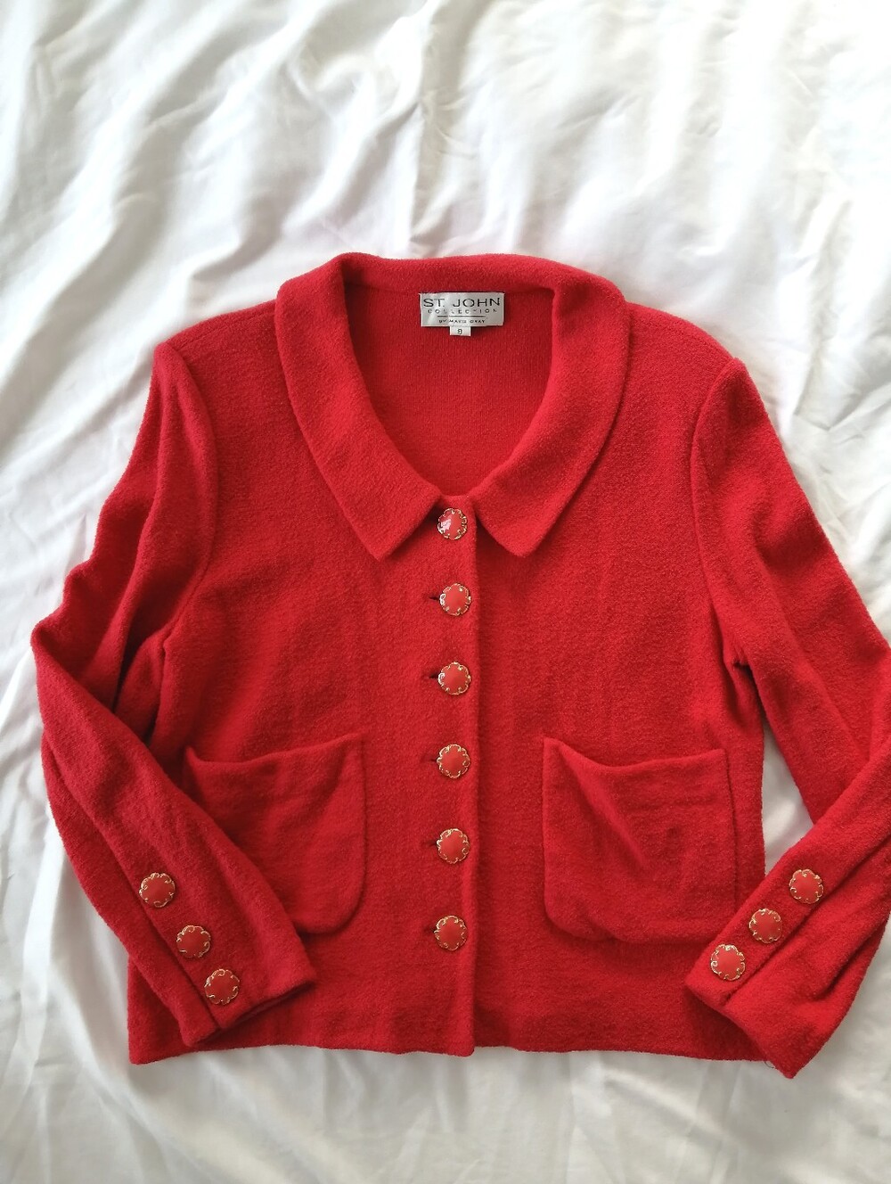 St. John Collection Red Wool Textured Knit Jacket Patch Pockets Size 8